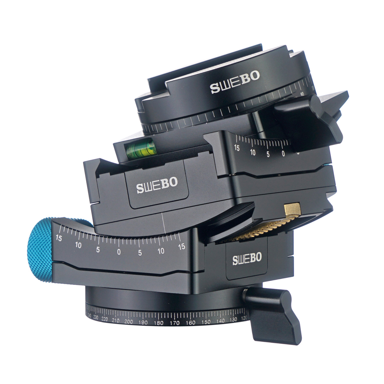 G360 — Rótula niveladora por engranajes con base panorámica — detalle del producto y ejemplo de configuración