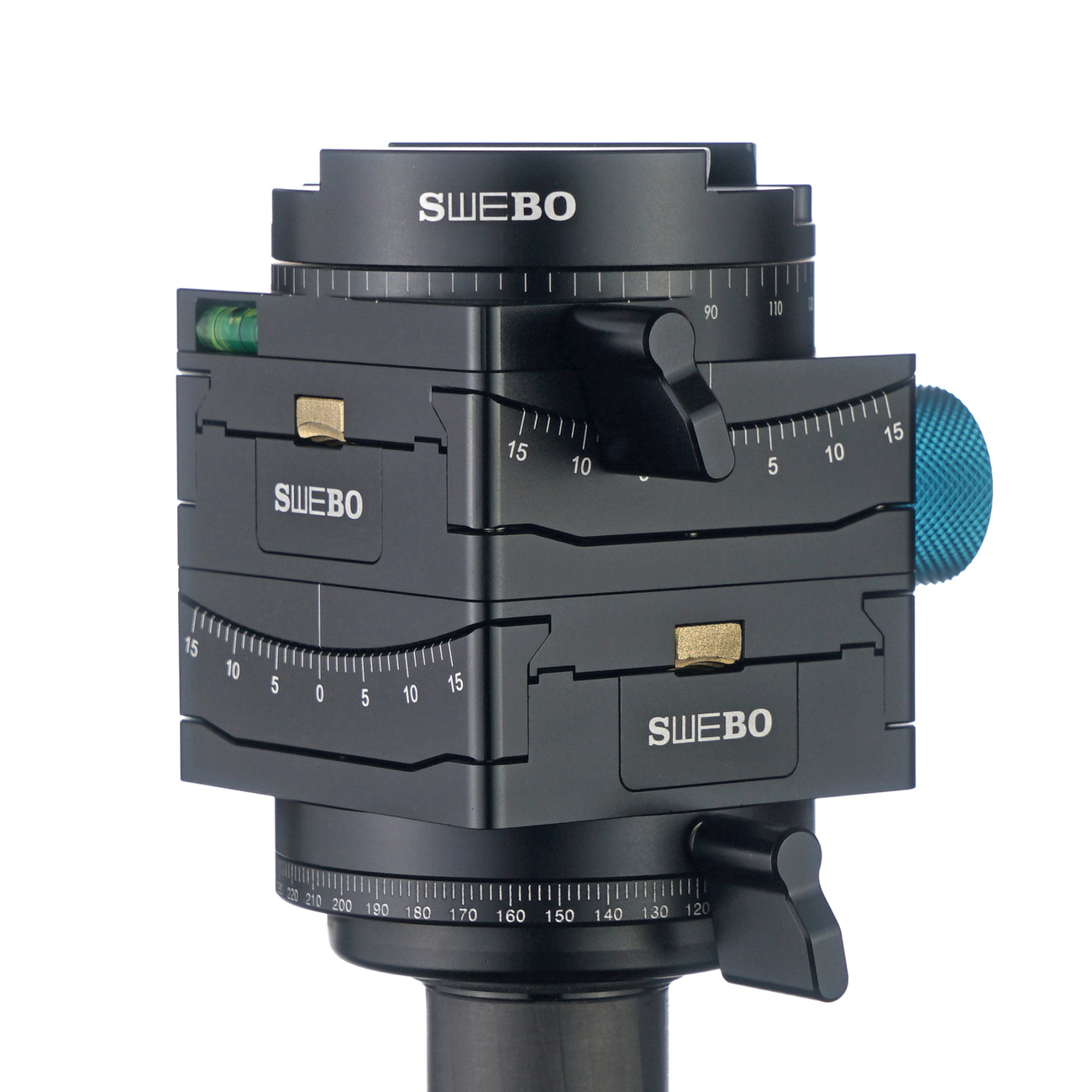G360 — Rótula niveladora por engranajes con base panorámica — detalle del producto y ejemplo de configuración