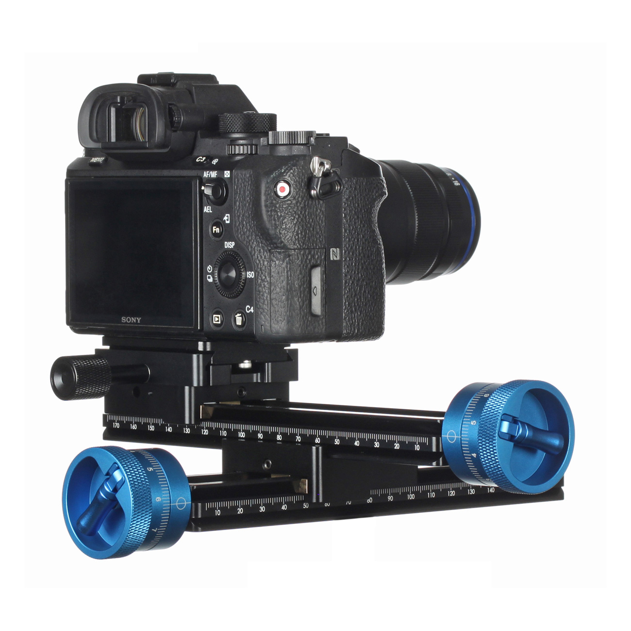LS001-4w — Slitta macro a due assi con comandi micrometrici — dettaglio del prodotto ed esempio di configurazione
