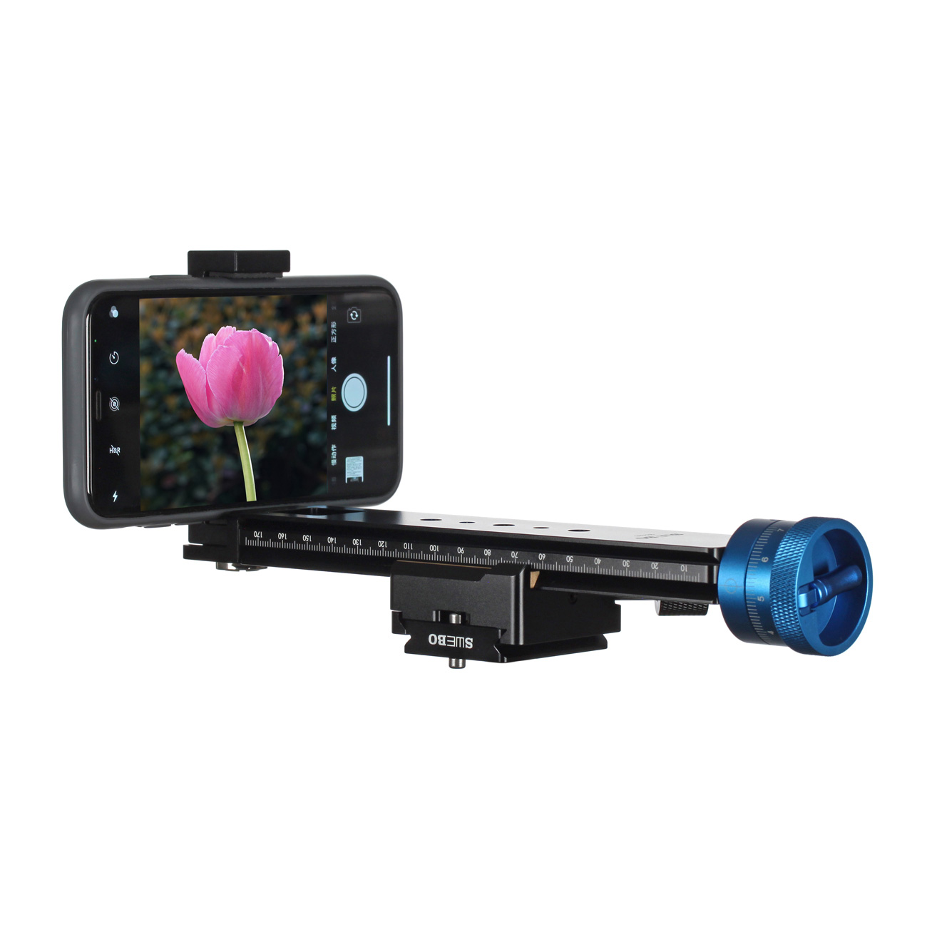 S2269 — Kit di montaggio smartphone per slitte macro — dettaglio del prodotto ed esempio di configurazione