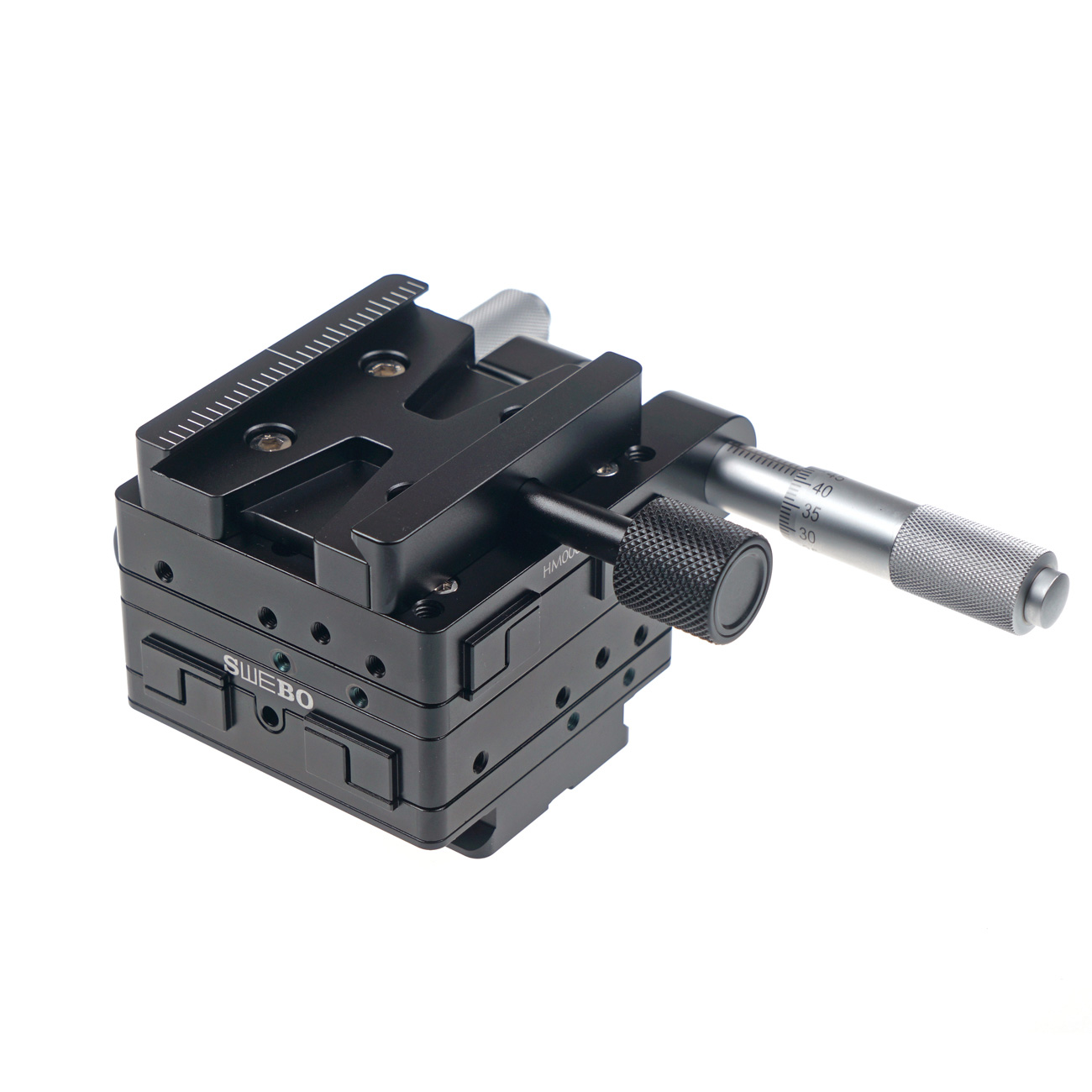 HM4 — Piattaforma macro micrometrica a due assi — dettaglio del prodotto ed esempio di configurazione